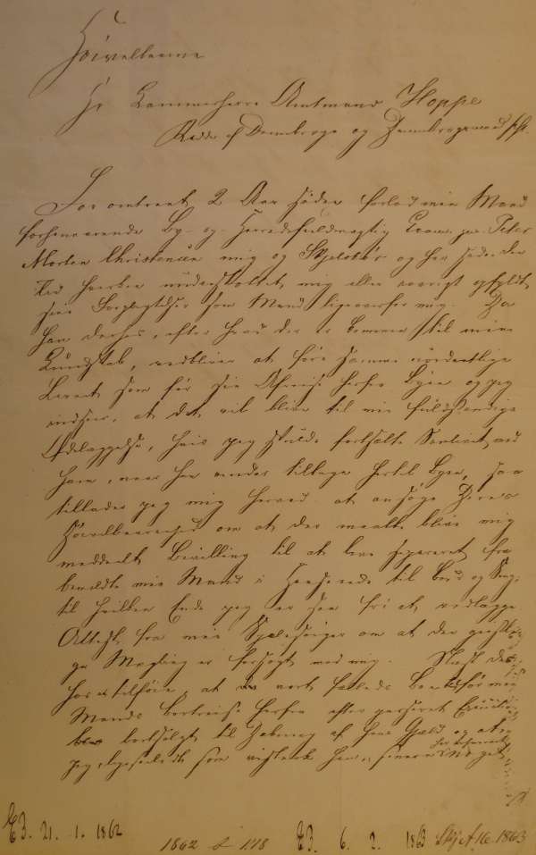 Første side af Laurentzes brev til Amtmand Hoppe